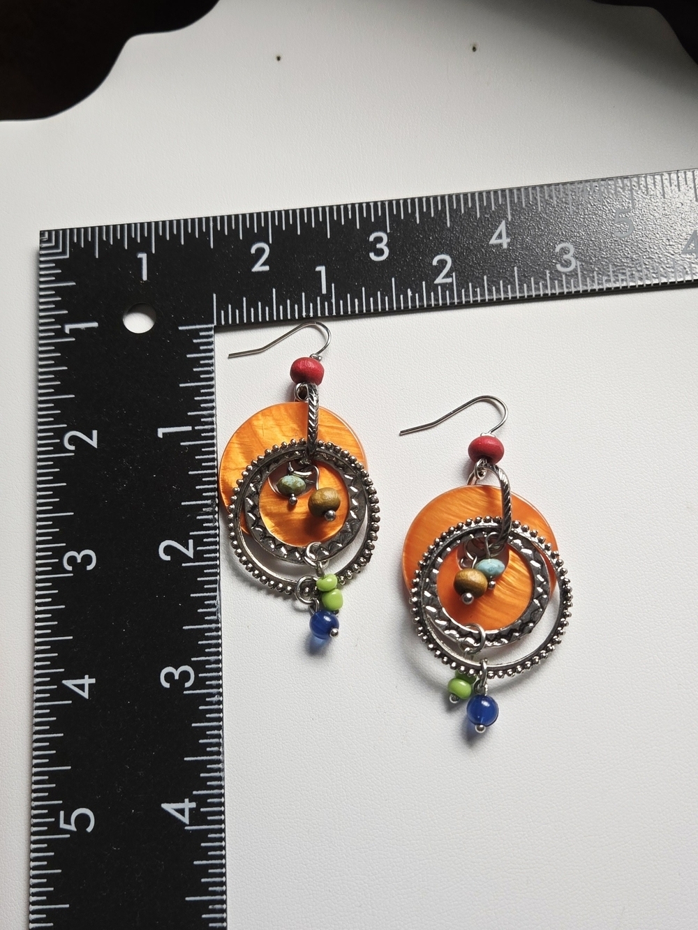 Artisan Orange and Multicolor Bead Dangle Hoop Earrings - Picture 3 of 11